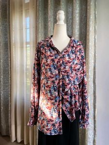 Collar Floral Print Blouse With Side Pocket