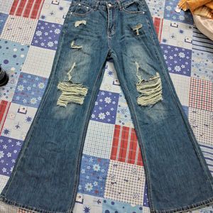 Blue Denim Distressed Jeans Bootcut