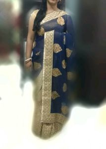 Elegant Blue Nude Saree with Gold embroidery