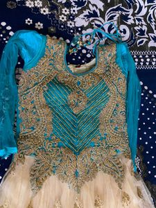Elegant Teal &amp; Gold Anarkali Dress
