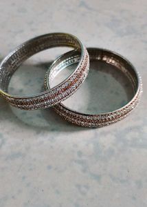Silver Stone-Studded Metal Bangles (Set of 2)