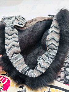 Patterned Coat with Faux Fur Hood