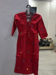 Red Mirror Work Backless Kurta