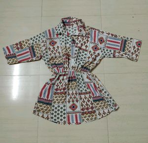 White, Blue Floral Printed Micro Crepe Round Neck