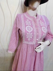 Pink colour self embroidery, Kurta frock