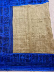 Elegant Blue &amp; Gold varli painting Saree