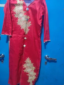 Tauffetta Silk Red Frunt Slit Kurti