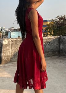 Red Sleeveless Dress with Lace Trim