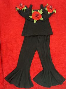 Hopscotch Girls Cotton Solid Top Pant Set In Black