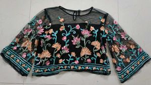 Mesh Embroidered Black Crop Top