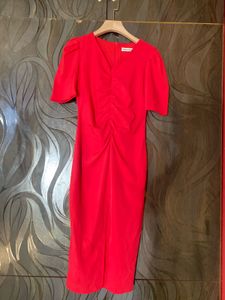 Red V Neck Slit Dress