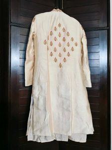 Groom Cream Embroidered Silk Sherwani Set, Jutti
