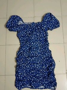 Blue Floral Ruched Mini Dress