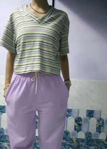 Striped Tee &amp; Lavender Joggers Set