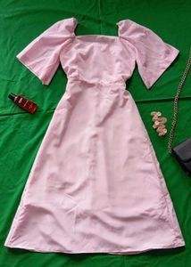 Pink Midi Dress with Puff Sleeves