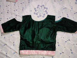 Green Blouse With Pink Net Dupatta