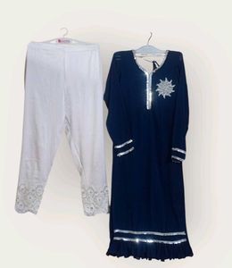 Elegant Navy & Of White Embroidered Pant Suit