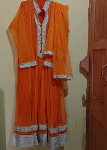Orange Anarkali Suit Gold Embroidery with Dupatta