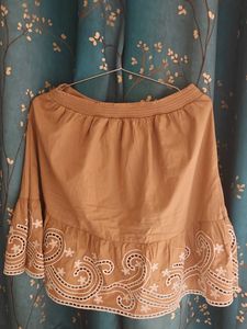 Tan Skirt with Embroidered Hem