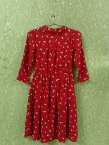Red Bird Print Button-Down Dress