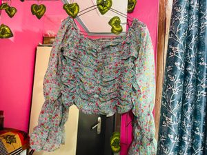Pastel Blue Floral Ruched Top