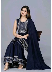 Elegant Navy Blue Embroidered Sharara Set