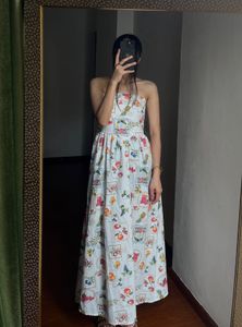 Tropical Fruit  Print Strapless Cotton Midi Dress