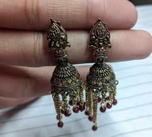Oxidised Gold Jhumka And Small Blue Jhumki
