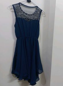 Navy Blue Sheer Neck Dress