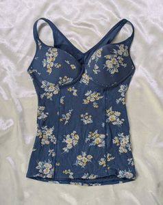 Blue Floral Print Bustier Top