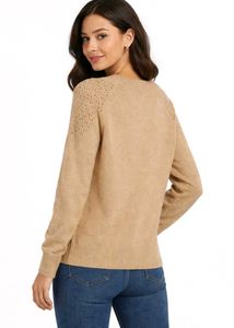 Women Beige Embellished Knit Sweater – Size L