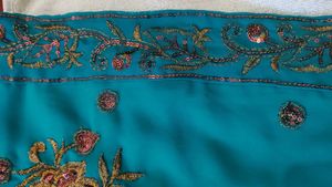 Teal Saree with Golden &amp; Pink Floral Embroidery