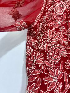 Red Chikankari Embroidered Kurta