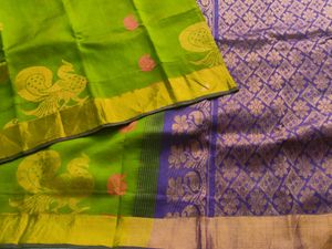 Silk Cotton Saree In Green And Purple