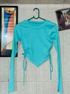 Mint Green Ruched Hem Stylish Ribbed Top