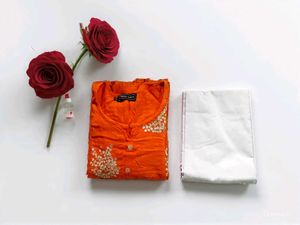 Vibrant Orange Colour Kurta Pant Set