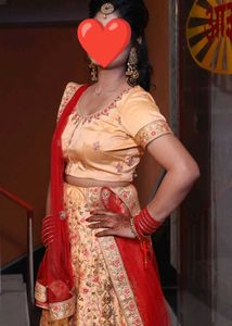 Beautiful Mustard Lehenga With Red Chunni