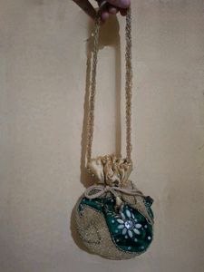 Potli Bag: Green Velvet &amp; Gold Beads