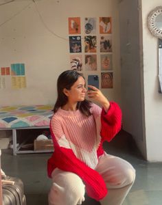 Red Colorblocked Knit Sweater