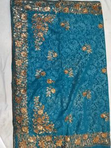 Teal &amp; Gold Embroidered Saree