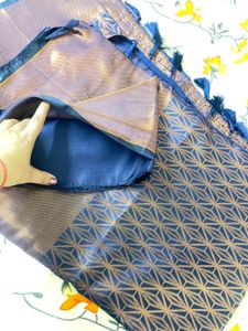 Navy Blue &amp; Gold Copper Mix Sari With Blouse