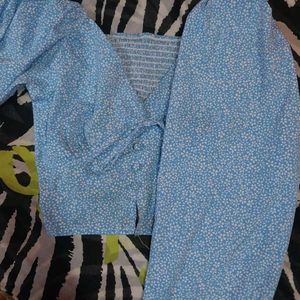 Blue Floral Puff Sleeves Crop Top