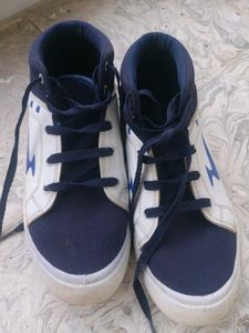 White & Navy High-Top Sneakers