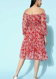 Floral Red Cinched Waist Midi Dress