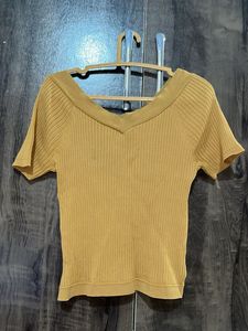 Mustard V-Neck Ribbed Top