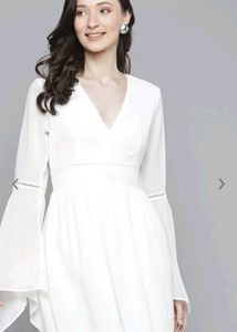 White Solid Bell Sleeves A- Line Dress