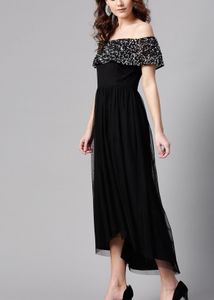 woman black embellished detail net maxi dress