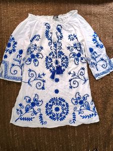 Bohemian White Cotton Top with Blue Embroidery