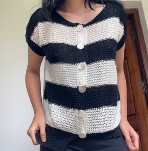 Striped Knit Button Top