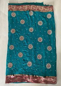 Elegant Teal Saree With Work